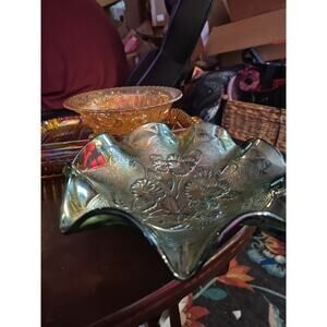 Imperial Glass Carnival Bowl Green Pansy Pattern Ruffled Iridescent Vintage Dish